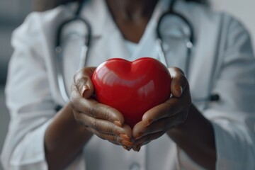 African American doctor holds red heart symbolizing health and charity.