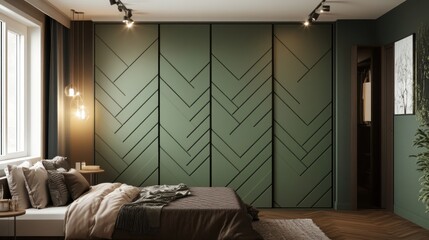 Modern bedroom with green sliding wardrobe and geometric design.