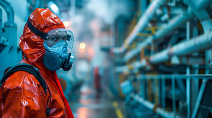 Young caucasian male in red hazmat suit in industrial setting with piping