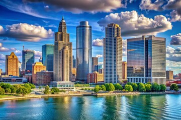 Naklejka premium Detroit Skyline Panoramic: High-Rise Buildings & Financial District
