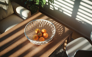 Sunlight Through Blinds , Sunlit oranges in white basket on wooden table.
