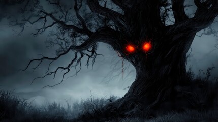 Spooky tree with glowing red eyes in a dark forest at night.