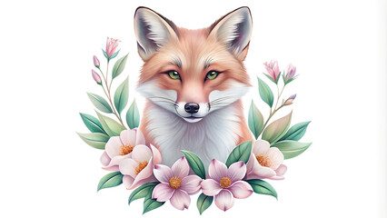 Fototapeta premium Illustrative Fox with Floral Surrounding Artwork in Charming Style, Soft Pastel Tones, Symbolizing Wisdom and Beauty