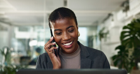 Black woman, phone call and plan on laptop in office, schedule meeting and talking to client. Female person, communication and online for news quote by contact, press journalist and calendar notes