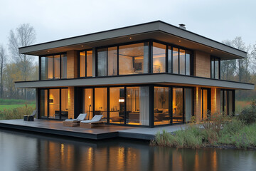 Fototapeta premium Vue Extérieure d’une Maison Moderne au Bord de l’Eau avec Fenêtres du Sol au Plafond, Design Épuré, Terrasse Spacieuse et Mobilier Extérieur, Mélange Parfait de Luxe et Nature