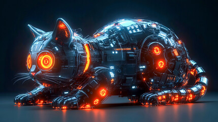 Futuristic cybernetic cat with glowing neon details in dark setting