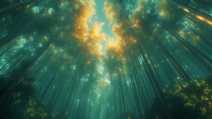 Fototapeta premium Sunbeams pierce dense bamboo forest, creating mystical atmosphere.