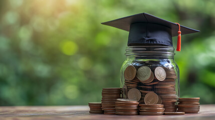 Graduation cap on jar of coins symbolizing education savings and financial planning