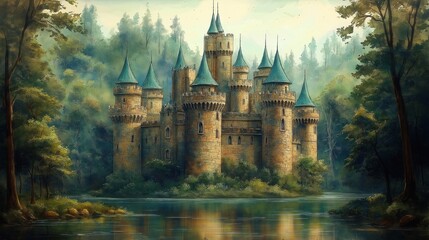 Obraz premium Enchanted castle sits on serene lake surrounded by mystical forest. Ancient architecture, fairytale charm create magical scene. Watercolor artistry brings dreamlike quality to landscape. Historical