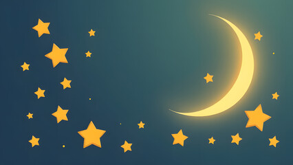 Fototapeta premium Celestial Night: Crescent Moon and Stars. A serene and dreamy illustration of a crescent moon and scattered stars against a dark teal night sky. Perfect for peaceful and calming designs. 
