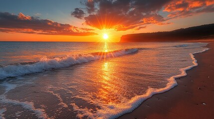 Fototapeta premium A stunning sunset over a tranquil beach, with waves gently lapping at the shore.