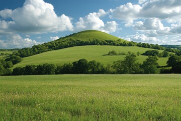Obraz premium A serene and picturesque landscape featuring lush green hills and a vibrant blue sky dotted with fluffy white clouds, creating a peaceful and idyllic natural scene