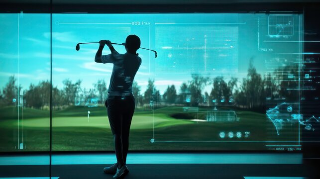 Golfer practicing swing indoors, large screen displays golf course and data.