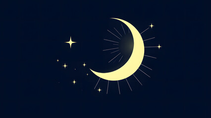 Naklejka premium Celestial Crescent Moon with Stars: A mystical crescent moon shines brightly against a dark blue night sky, adorned with sparkling stars and radiant beams of light.