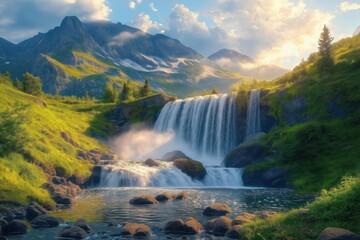 Fototapeta premium Majestic waterfall cascades down rocky mountain face. Tranquil scene in green valley. Flowing water creates serene atmosphere. Natural beauty of outdoors. Ideal for wallpaper background. Picturesque