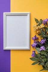 An exquisite composition featuring a white frame adorned with colorful flowers, creating a striking visual appeal against a contrasting yellow and purple background.