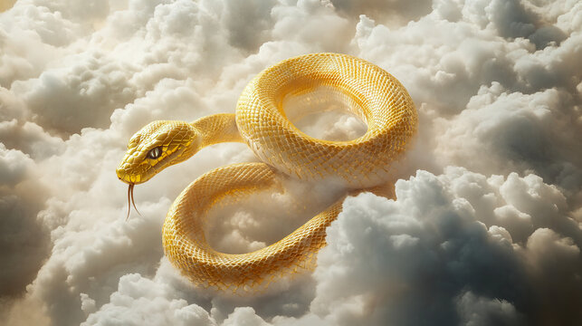 Golden snake coiled elegantly amongst soft fluffy clouds - Powered by Adobe
