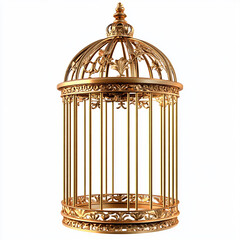 Ornate Birdcage with Golden Bars - Isolated on a White Background