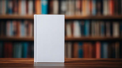 Minimalistic white book standing upright on a wooden table against a blurred background of colorful bookshelf