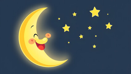Naklejka premium Smiling Moon: A whimsical cartoon moon with a cheerful grin, surrounded by twinkling stars, radiates warmth and happiness against a dark blue night sky. 