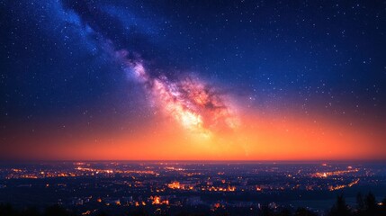 Fototapeta premium A stunning view of the Milky Way over a cityscape at twilight.