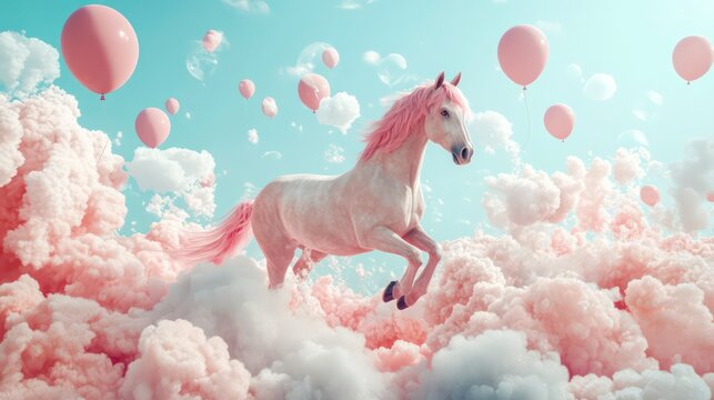 Pink horse leaps through pastel clouds and balloons.