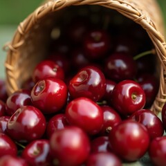 The image shows a close-up of a basket filled with red cherries. The basket is made of woven straw and is placed on a green surface.