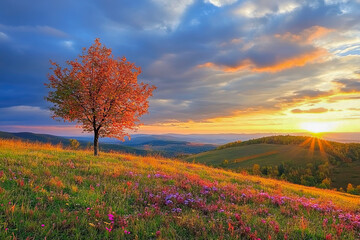 Naklejka premium Vibrant sunset over hills with lone tree and colorful wildflowers