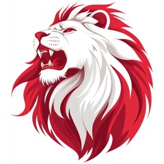 A stylized illustration of a roaring lion's head with red and white colors.