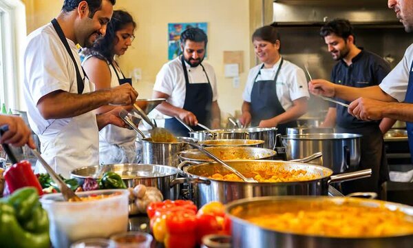 Teamwork in the Culinary Arts: A vibrant kitchen scene filled with chefs collaboratively preparing a delicious meal.  Passion, skill, and camaraderie are evident.