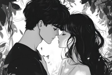 Couple in love in anime cartoon style, black and white, capturing an ageless love story.