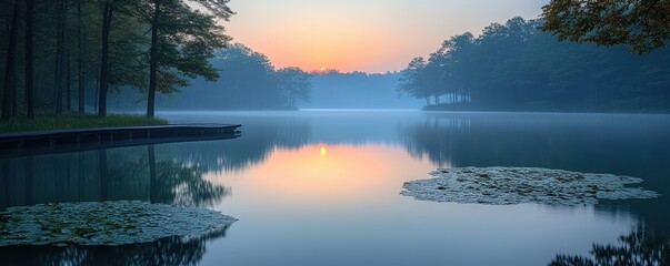 Serene Morning Vista of Misty Lake Surrounded by Lush Forests with Vibrant Sunrise Reflected on Water Creating a Calming and Peaceful Atmosphere