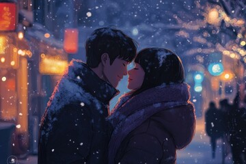 Obraz premium Cute lofi couple in a winter night, their love glowing softly under a starry Japanese anime sky.