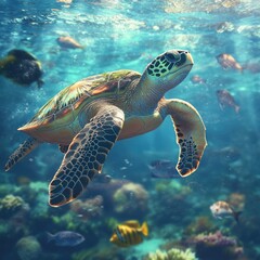 Obraz premium Turtle Swimming with Fish