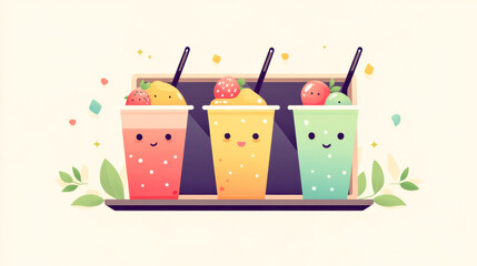 Cute cartoon smoothies in vibrant colors on a tray