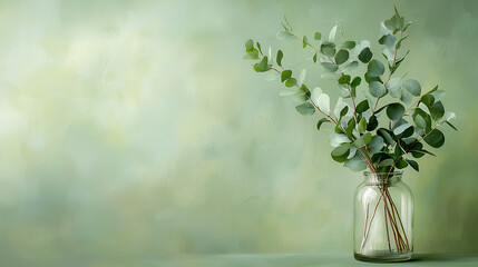 Fototapeta premium Fresh Eucalyptus Sprigs in Glass Vase with Soft Lighting