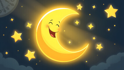 Naklejka premium Smiling Moon in a Starry Night: A whimsical illustration of a happy crescent moon beaming with joy amidst a twinkling constellation, evoking a sense of wonder and tranquility in the night sky. 