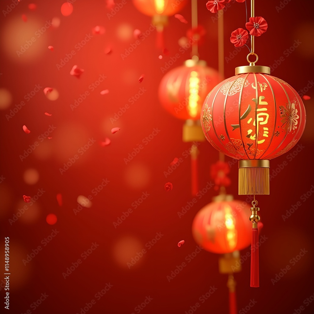 Poster depicts traditional red chinese lanterns hanging against a blurred red background, with decorative r