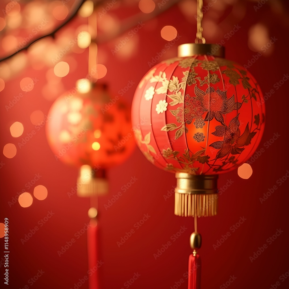 Poster two red and gold Chinese lanterns hanging against a background with blurred bokeh lights, creating a festive atmosphere. The lanterns have intricate designs and are adorned with tassels.