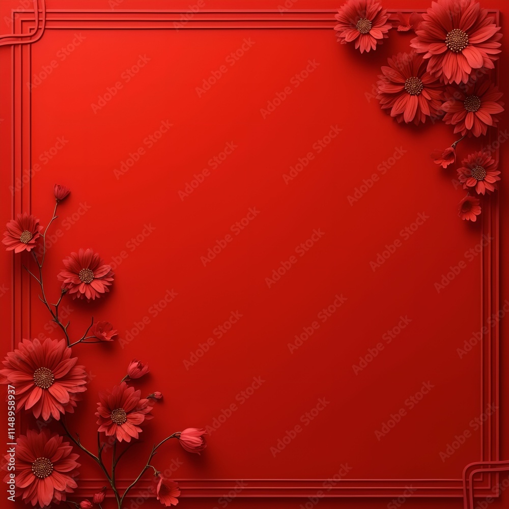 Leinwandbilder the image shows a red background with a square frame and red flowers, likely for a festive or decora
