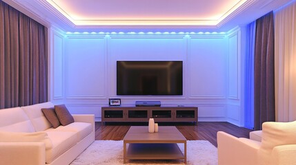 Fototapeta premium Modern living room with blue LED lighting.