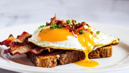 Toasted toast with fried eggs and bacon on a plate. Scrambled eggs are sprinkled with herbs. The perfect breakfast.