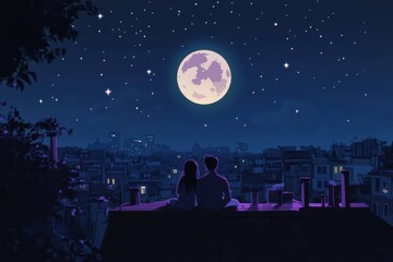 Lovely romantic couple chilling on rooftops under moonlight, their love soaring to the stars.
