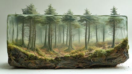 A detailed miniature forest scene encapsulated in a clear block, showcasing nature's beauty.