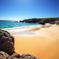 The beach scene is illuminated by strong, hard light creating harsh shadows and balanced complimentary colors.  Contrasting colors are emphasized