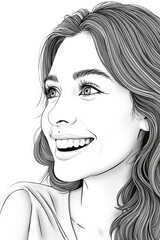 Radiant line art portrait of a smiling young woman with wavy hair, illustrated on a clean white background