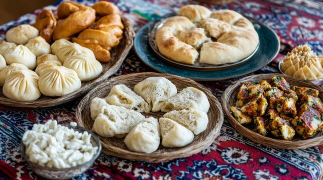Traditional Georgian khinkali and pastries: Khachapuri, Kubdari, Puri, Chadi. A festive table with an abundance of Georgian dishes on a traditional tablecloth.  View from above. Menu