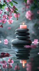 Obraz premium Relaxing spa tranquility with stacked stones and soft candlelight surrounded by blooming orchids