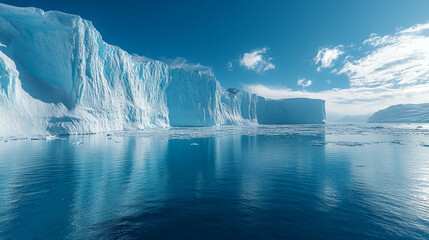 Majestic arctic icebergs reflecting in calm blue waters under clear sky