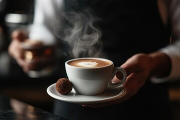 Warm coffee cup served with a sweet treat in a cozy cafe atmosphere during the morning